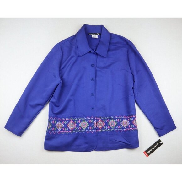 POPOVITCH STUDIO - WOMEN'S BLUE EMBROIDERED BUTTON-UP SHIRT - SIZE L - Picture 2 of 5